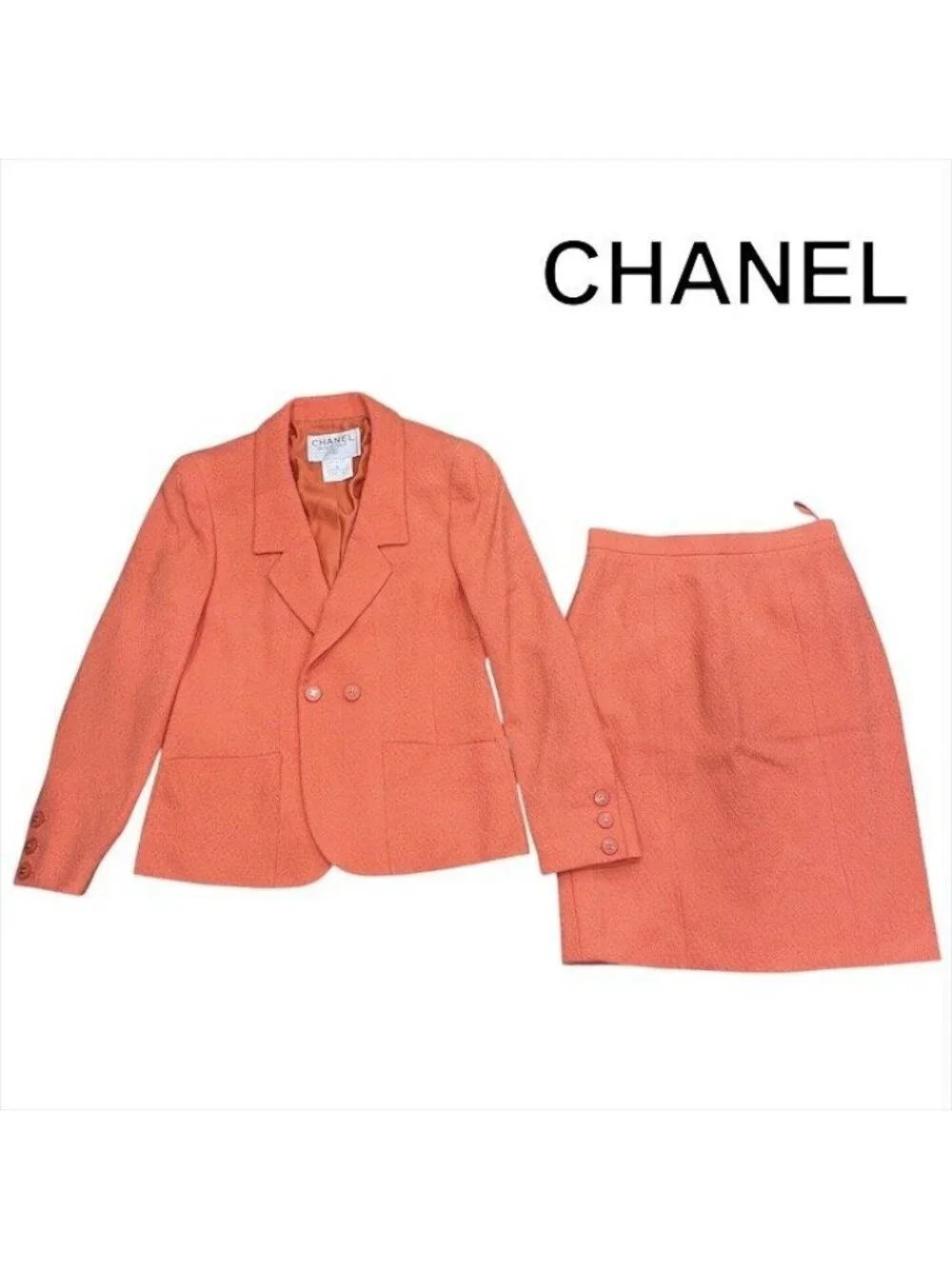 Chanel Set Vintage CC Logo 38 Tweed Jacket Orange
